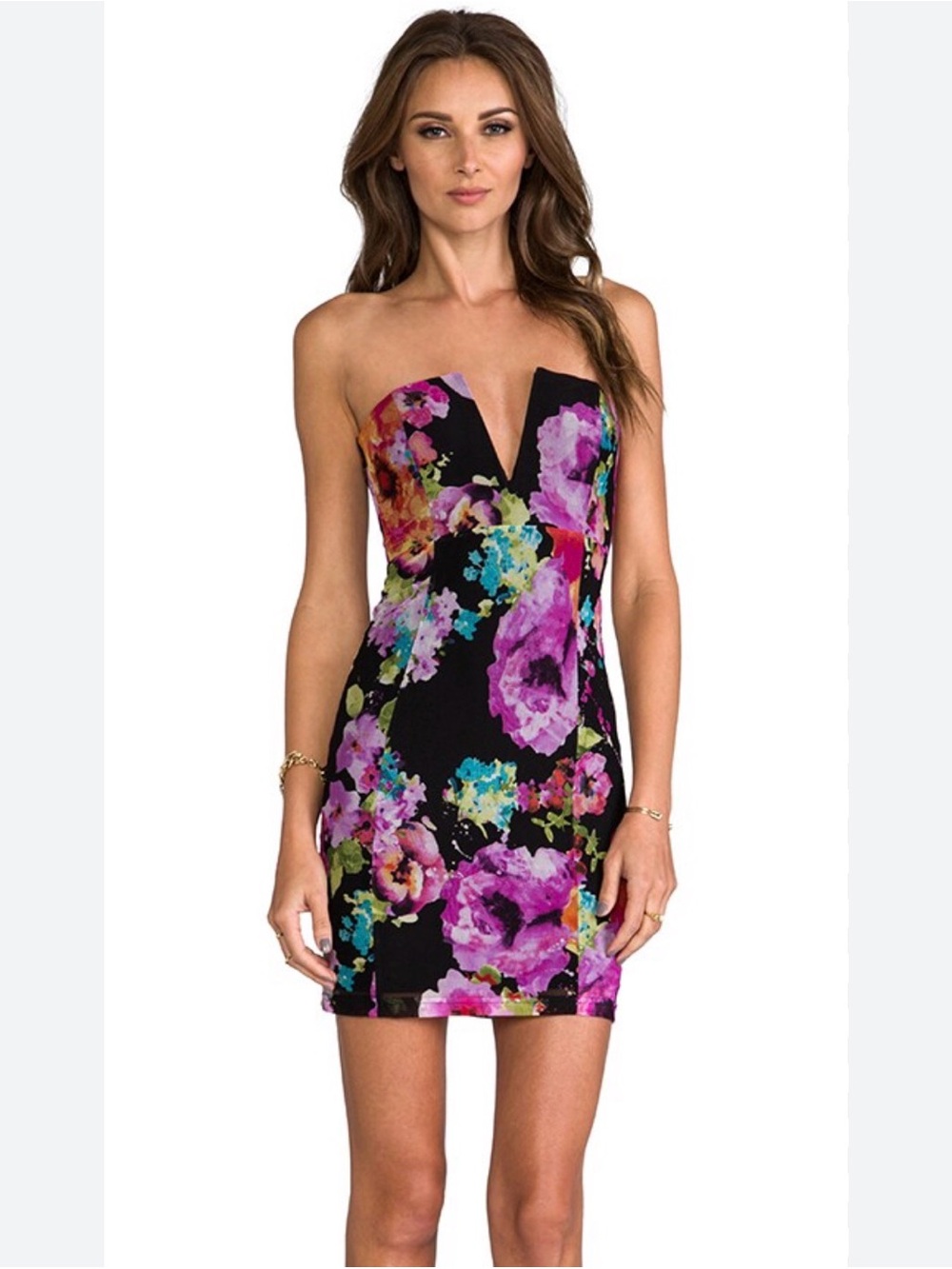 New Nookie Strapless Floral v Neck Bustier Bodycon  Dress Black, Purple Pink 8